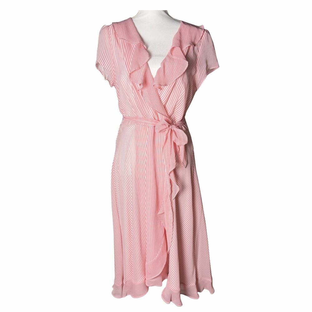 Gabby Skye Dress Cap Sleeve Tie Waist Faux Wrap Pink White Stripe Womens size 14